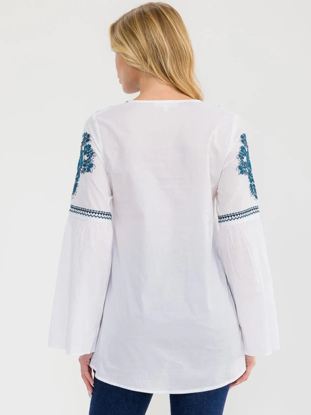 Talori-Boho Tunic Top with Blue Embroidery and Tassel Tie multiple sizes - Picture 3 of 7